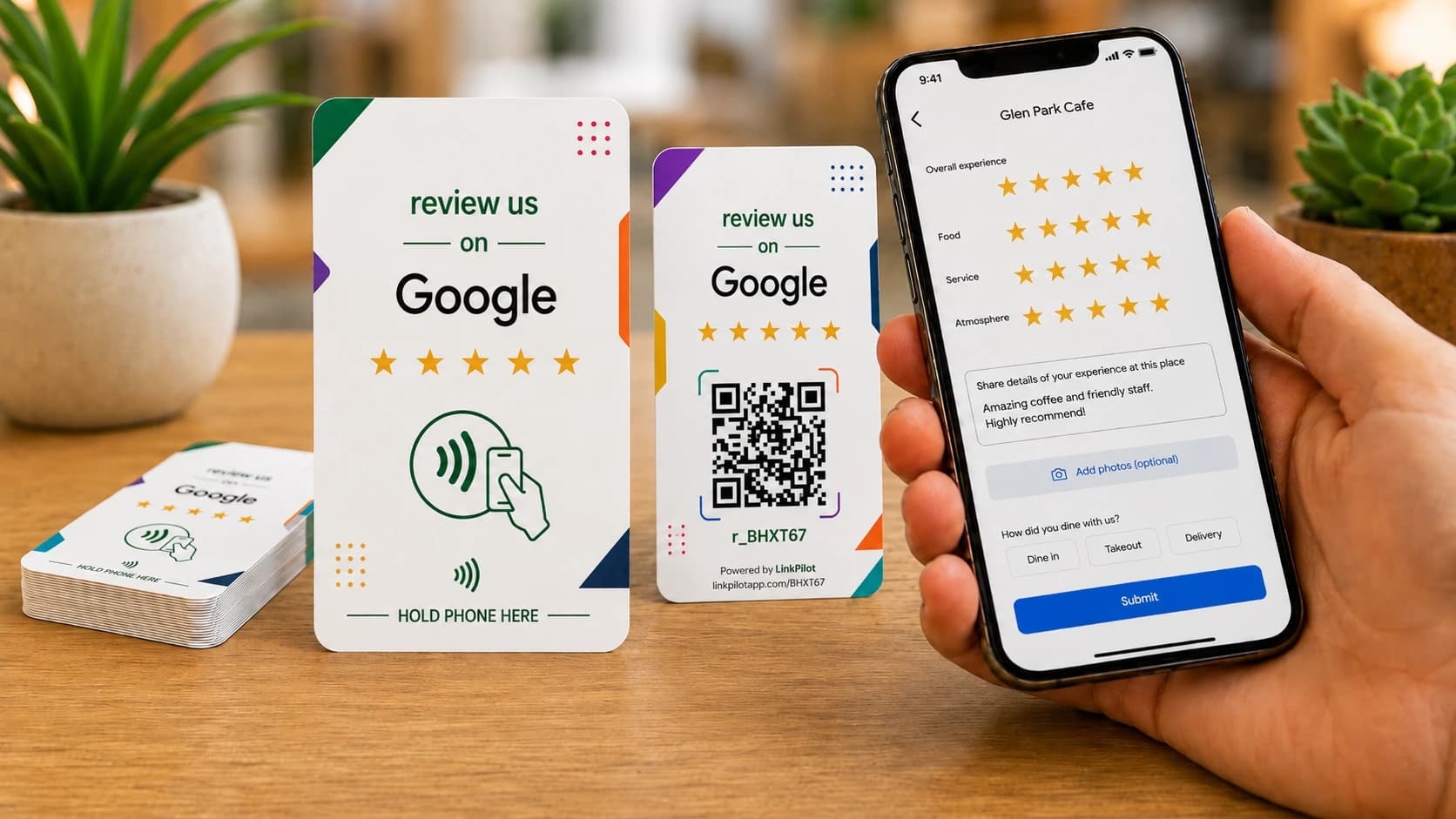 Customer using a phone beside QR and NFC review cards